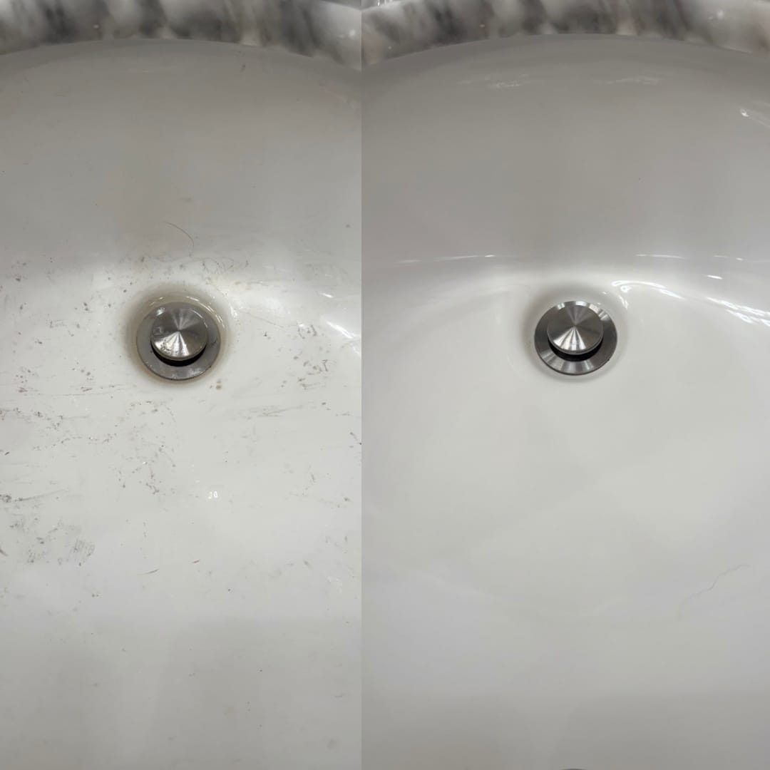 Image of a sink before cleaning and after cleaning by Bee Natural Commercial & Residential Cleaning Service in Georgetown Texas
