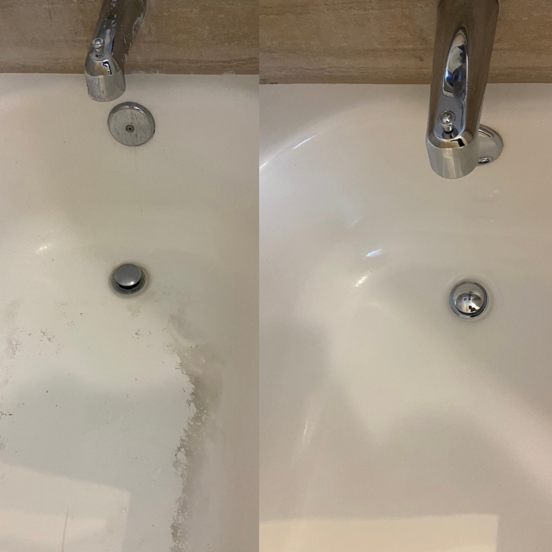 Image of a tub before cleaning and after cleaning by Bee Natural Commercial & Residential Cleaning Service in Georgetown Texas