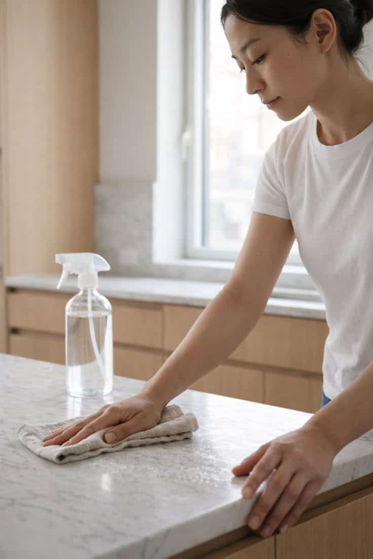 Woman gently wiping a marble kitchen countertop with a soft microfiber cloth and a spray bottle, demonstrating safe, non-abrasive countertop cleaning.